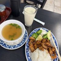 Lemongrass chicken and warm soy milk  at Veggie Life Restaurant in South El Monte