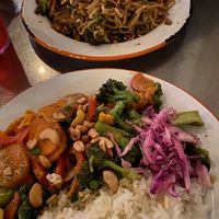 Vegan curry in front, rice noodles in back.   at Wild Craft Eatery in Boone