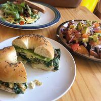 Mushroom bagel, Farmer’s omelette, and potato nachos at People's Cafe in Berkeley