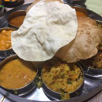South Indian thali (from vegan menu) - with poori at Woodlands (Tsim Sha Tsui) in Kowloon