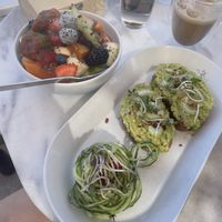 Avo toast and fruit salad  at Galini Cafe in Santorini