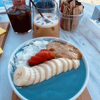 The mermaid bowl and an oat milk latte.    at Galini Cafe in Santorini