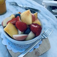 Strawberries in the fruit plate were vibrant    at Galini Cafe in Santorini