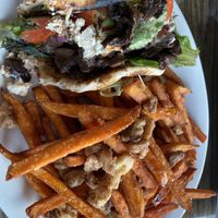 Mushroom Gyro with maple walnut topped  sweet potato fries  at Arles and Boggs  in Wallingford