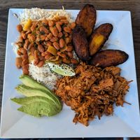 Jackfruit "pernil" (pulled pork without the pig), sweet plantain, beans, avocado: lovely to think about, look at, and eat. at Arles and Boggs  in Wallingford