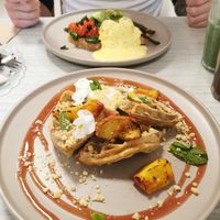 Sweet waffle with peaches at Sacred Grounds in Exeter