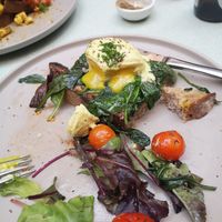 The 'yolk' in the 'egg' benedict was a delightful surprise. Really great texture and taste. at Sacred Grounds in Exeter