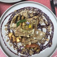 Peach waffle!  at Sacred Grounds in Exeter