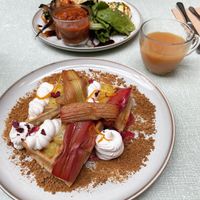 Rhubarb pancakes, earl grey tea with oat milk, and the Big Ben brunch   at Sacred Grounds in Exeter