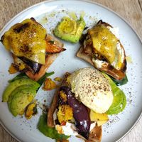 Breakfast on gf waffles with vegan egg at Sacred Grounds in Exeter