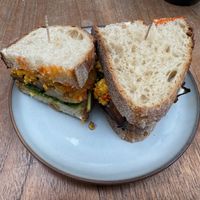 Breakfast sandwich at Sacred Grounds in Exeter