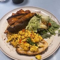 Smoky beans with tofu scramble and aubergine “bacon”    at Sacred Grounds in Exeter