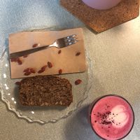 Banana bread and beet latte at Sacred Grounds in Exeter