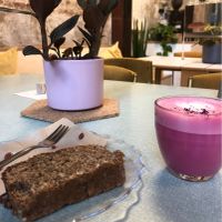Banana bread and beet latte at Sacred Grounds in Exeter
