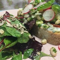 Smorbrod II August 19 - txatziki, beans, radish, peas at Sacred Grounds in Exeter