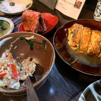Potato salad and omelette dishes at Yasai Izakaya Genki in Tokyo