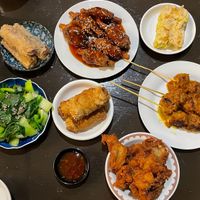 L to R ... Steamed greens, Taro rolls, Ribs, Sui mai, Satay Chykin skewers, S & P Chykin, Beancurd rolls (in the middle) at Little Beans Gourmet in Canning Vale