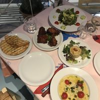 Tomato balls-avocado salad-hummus-fava at Stani in Santorini