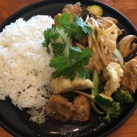 Vegan “chicken” with veggies and rice  at Chu Thai Eatery in Auckland