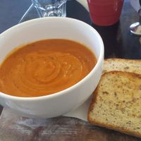 Roast vegetable soup with gluten free and vegan friendly bread at The Slip Inn Cafe in Havelock