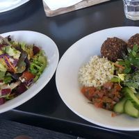 Buddha bowl with homemade felafel and a generously portioned side salad at The Slip Inn Cafe in Havelock