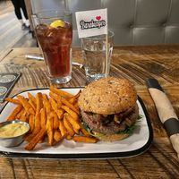 Forager burger with sweet potato fries at Bareburger -  W 57th in New York City