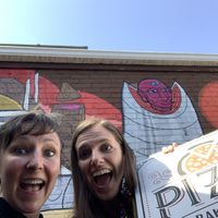 Delicious pizza and cool mural in the back!! at Pizza Pronto Oakland in Pittsburgh