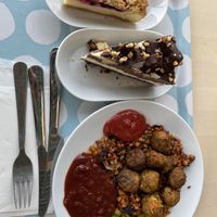 Vegballs with wheat , chocolate and blueberry cheesecake   at IKEA - Möbelvaruhus in Malmo