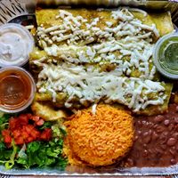 Nopales, potato and soy chorizo Verde enchiladas.  This is an entree for 10.99 at Luna Mexicana in Joliet