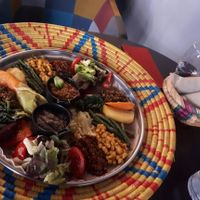 Big plate for 2 people. 31,80 Euro. With bread. Eat only with fingers :) at Abyssinia in Strasbourg
