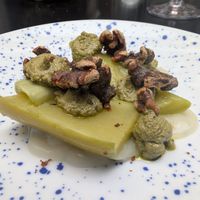 More zucchini with basil pesto (yawn) and bitter and burned walnuts. at Laska in Lyon