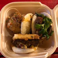 Vegan bao sampler: crispy cauliflower, fried tofu, and impossible burger meat at Mushi Ni in Atlanta