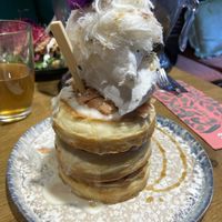 Dutch apple pancakes with cream and cotton candy at Mr. Stacks in Amsterdam