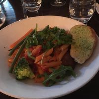 Vegan meatballs with penne and vegetables at 31 Castlegate in York