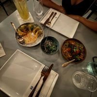 Tofu gyoza, wakame salad and soba noodles with fermented cherry tomatoes and baby broccoli at Hammett's Gastro Bar in Sliema