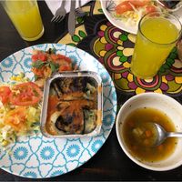 Menu with lentils soup, lasagna, salad and panini  at Mahavan in Armenia