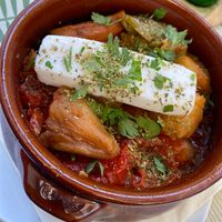 Stewed vegetables with vegan feta  at Karma in Santorini