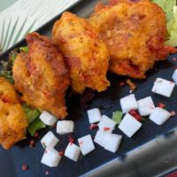 Fried tomato with vegan feta  at Karma in Santorini