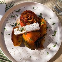 Stuffed tomatoes and peppers with vegan feta at Karma in Santorini