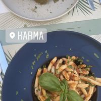 Pasta and stuffed peppers  at Karma in Santorini