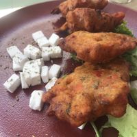 Tomato fritters with vegan Feta  at Karma in Santorini