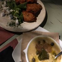 Fava and fried tomatoe  at Karma in Santorini