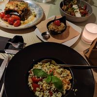 vegan feta pasta, in the background you can see aubergine dip and vegetable sufiko (the side dish version, not main) at Karma in Santorini