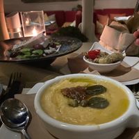 Fava, Greek salad with vegan feta and aubergine dip at Karma in Santorini