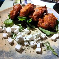 Tomato fritters with vegan feta at Karma in Santorini