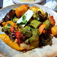 Cooked vegetables and vegan feta at Karma in Santorini