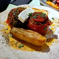 Stuffed vegetables, potatoes and vegan feta at Karma in Santorini