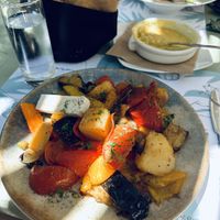 Soufiko with vegan feta and fava dip. Be sure to order the sun-dried tomato bread  for the dip    at Karma in Santorini