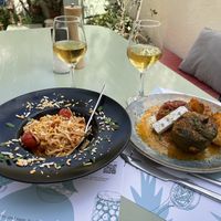 Santorini Pasta with vegan cheese alternative. Gemista stuffed veggies with vegan feta alternative. Santorini wine   at Karma in Santorini