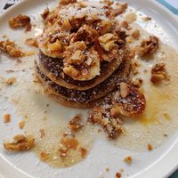 Oat pancakes with vegan honey at Karma in Santorini